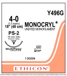 Ethicon (Y496G) Sutures Monocryl 4/0 19mm 3/8 R/C PS-2 45cm