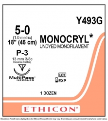 Ethicon (Y493G) Sutures Monocryl 5/0 13mm 3/8 R/C P-3 45cm
