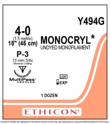 Ethicon (Y494G) Sutures Monocryl 4/0 13mm 3/8 R/C P-3 45cm